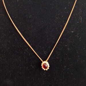 Dainty Gold Tone Necklace with Red and White Pendant